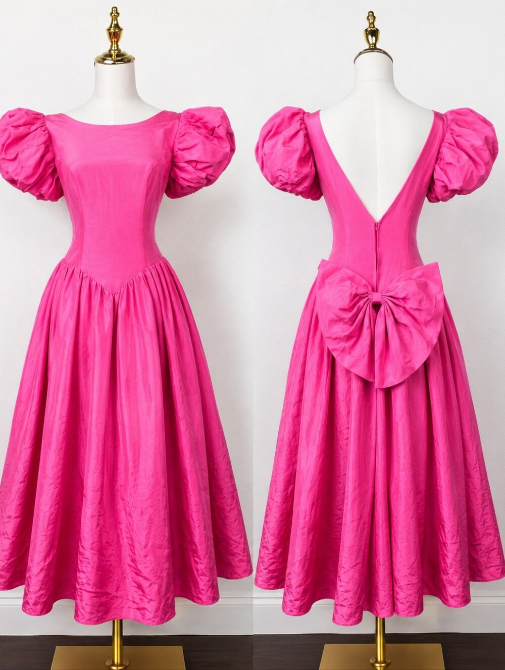Vintage 1980s Pink Princess Puff Sleeve Bow Back Tea Length Prom Dress Small